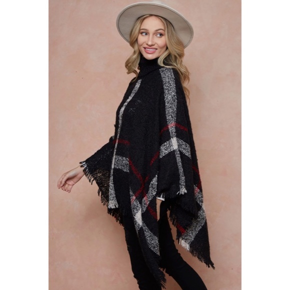 CLEARANCE Black Plaid Turtleneck Cape Poncho Knit Sweater - Picture 4 of 5
